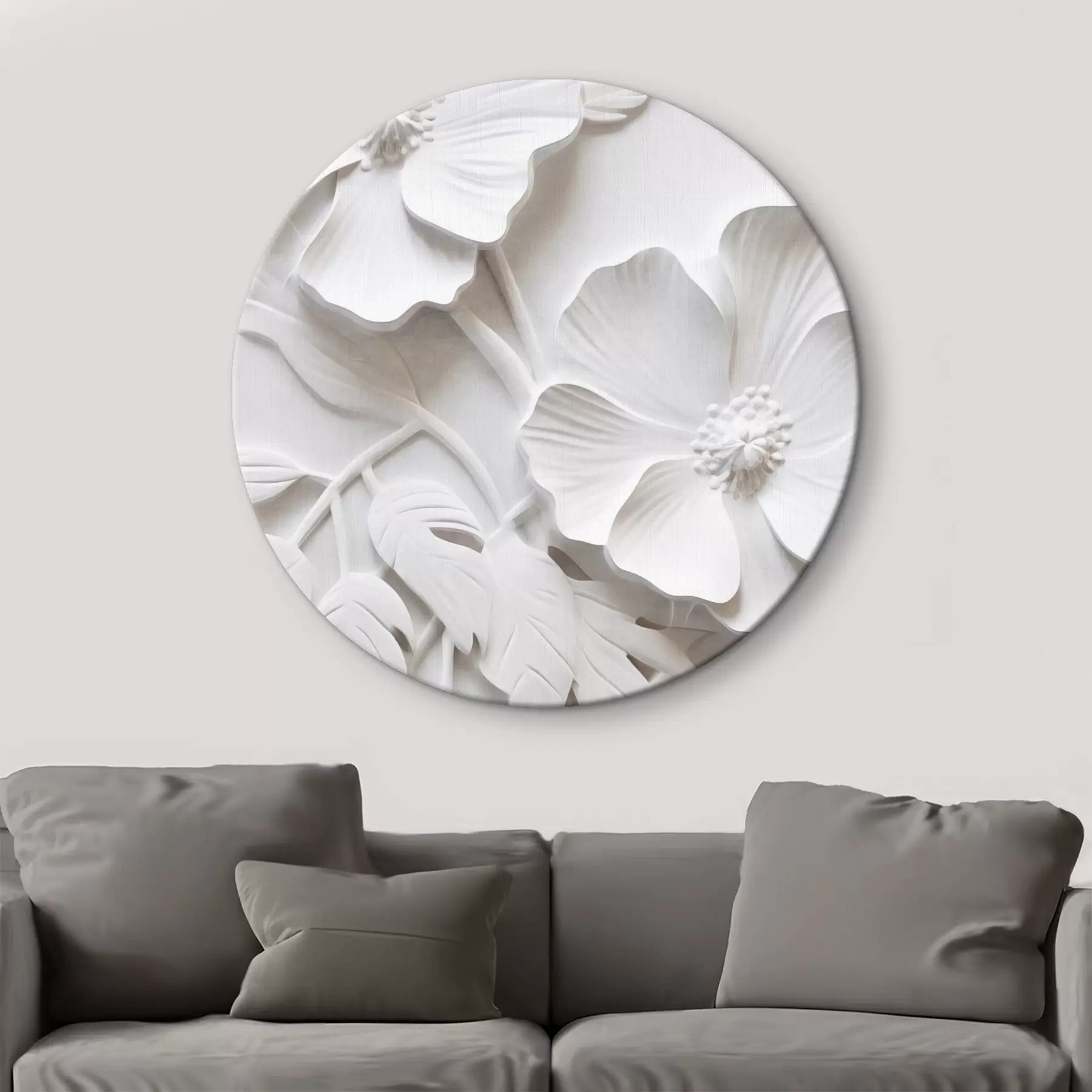 Wandbilder Dekorative minimalistische weiße Blumen mit Blättern, Relief-Imitation, weißer Hintergrund r45179