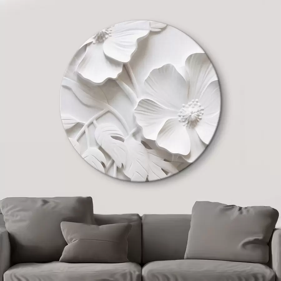 Wandbilder Dekorative minimalistische weiße Blumen mit Blättern, Relief-Imitation, weißer Hintergrund r45179