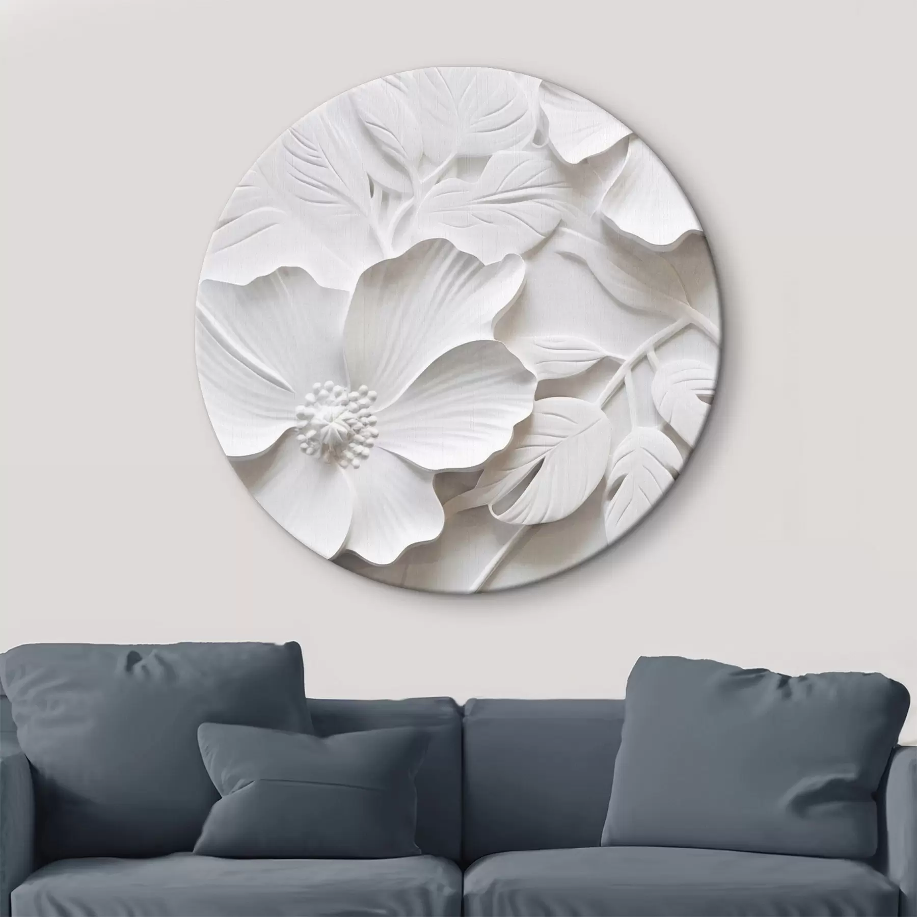 Wandbilder Dekorative minimalistische weiße Blumen mit Blättern, Relief-Imitation, weißer Hintergrund r45180