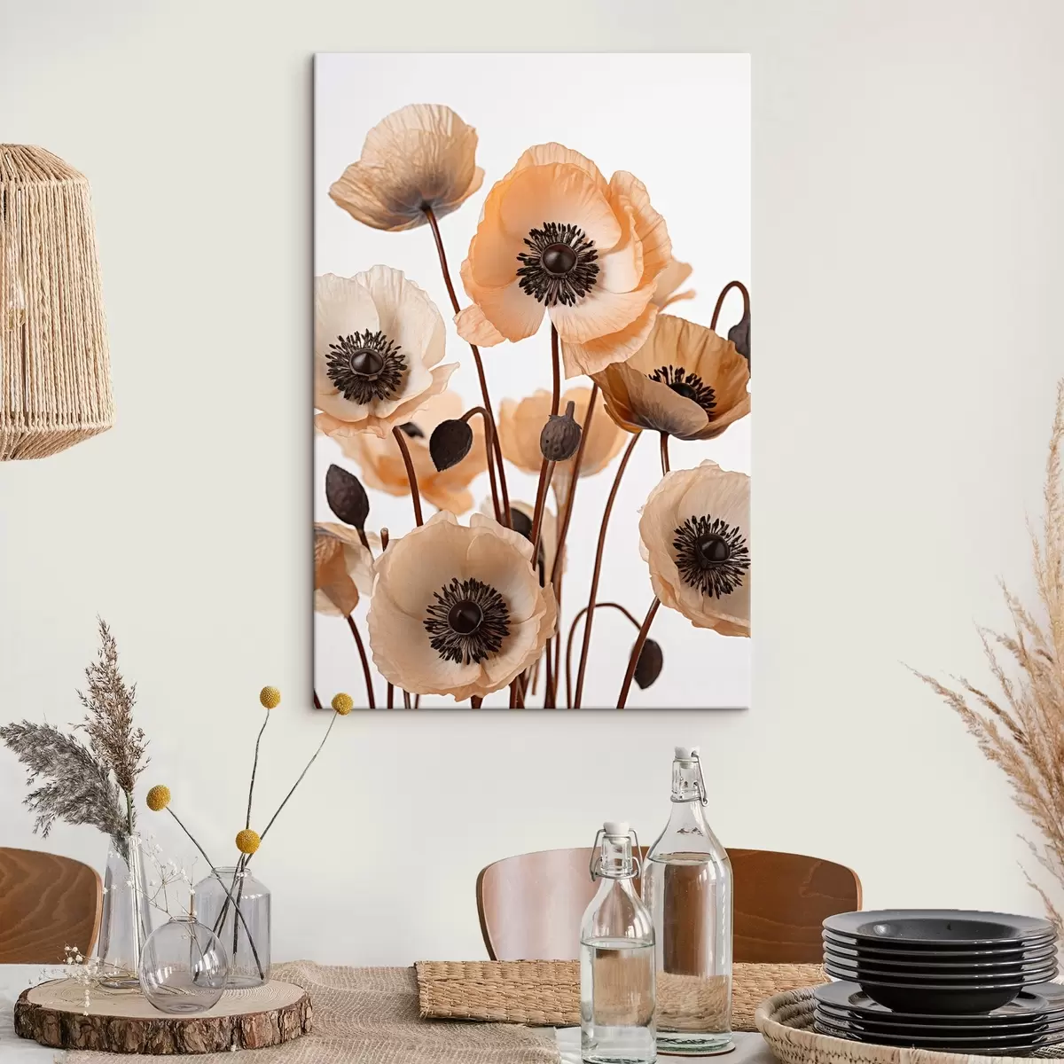 Wandbilder Orangefarbene Mohnblumen, getrocknete Blumen vor einem hellen Hintergrund, weiche Beleuchtung, zarte Blütenblätter, Blumenarrangement s45168