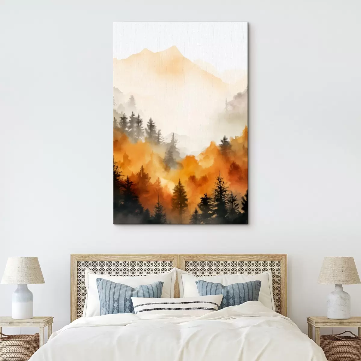 Wandbilder Eine Landschaft Aquarell Malerei Nachahmung eines Waldes mit hohen Kiefern und Berge im Hintergrund s45169