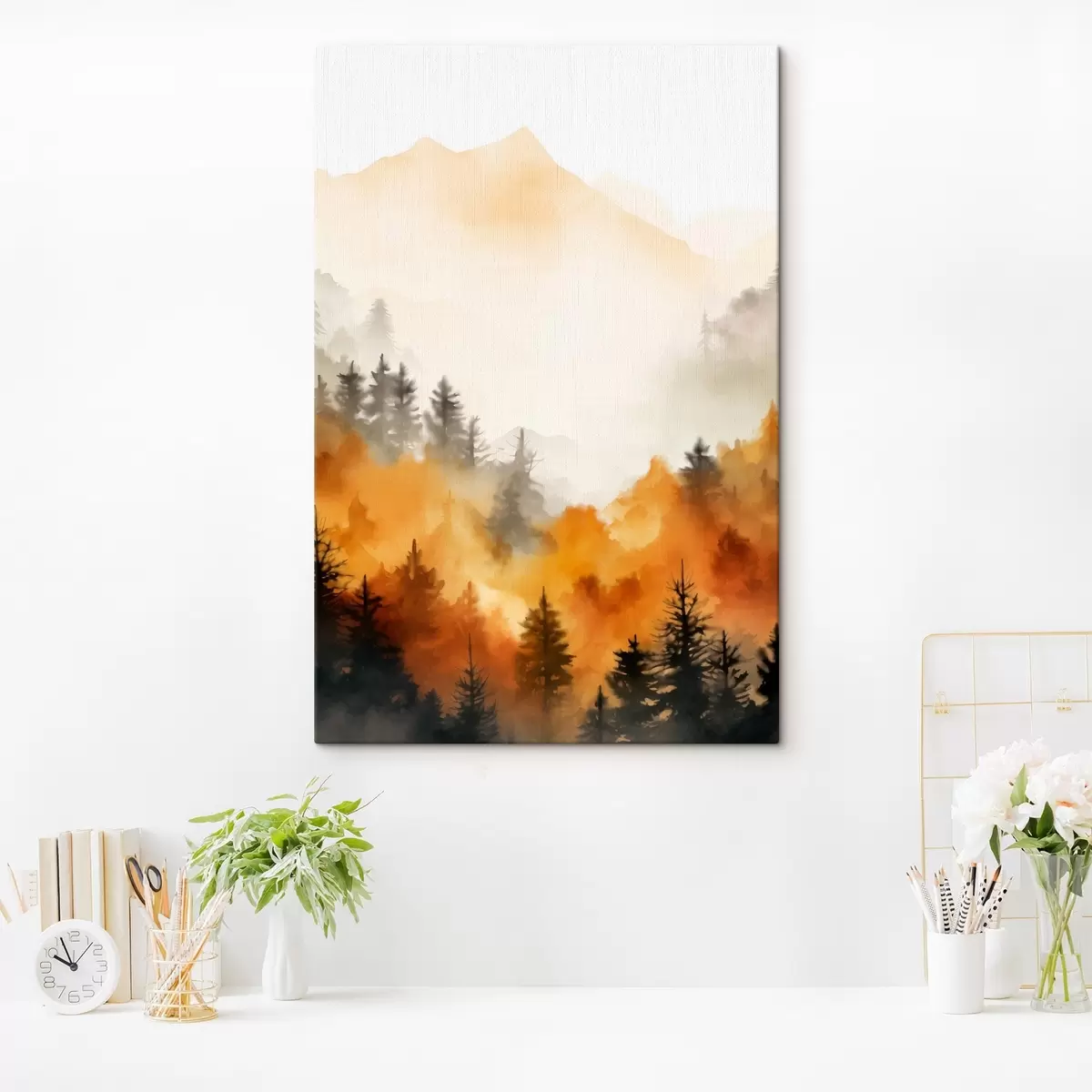 Wandbilder Eine Landschaft Aquarell Malerei Nachahmung eines Waldes mit hohen Kiefern und Berge im Hintergrund s45169