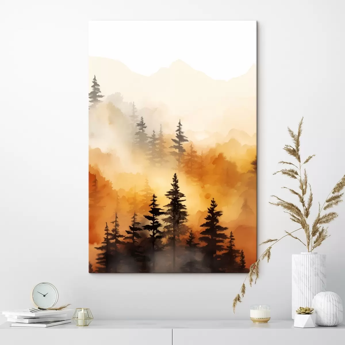 Wandbilder Eine Landschaft Aquarell Malerei Nachahmung eines Waldes mit hohen Kiefern und Berge im Hintergrund s45170