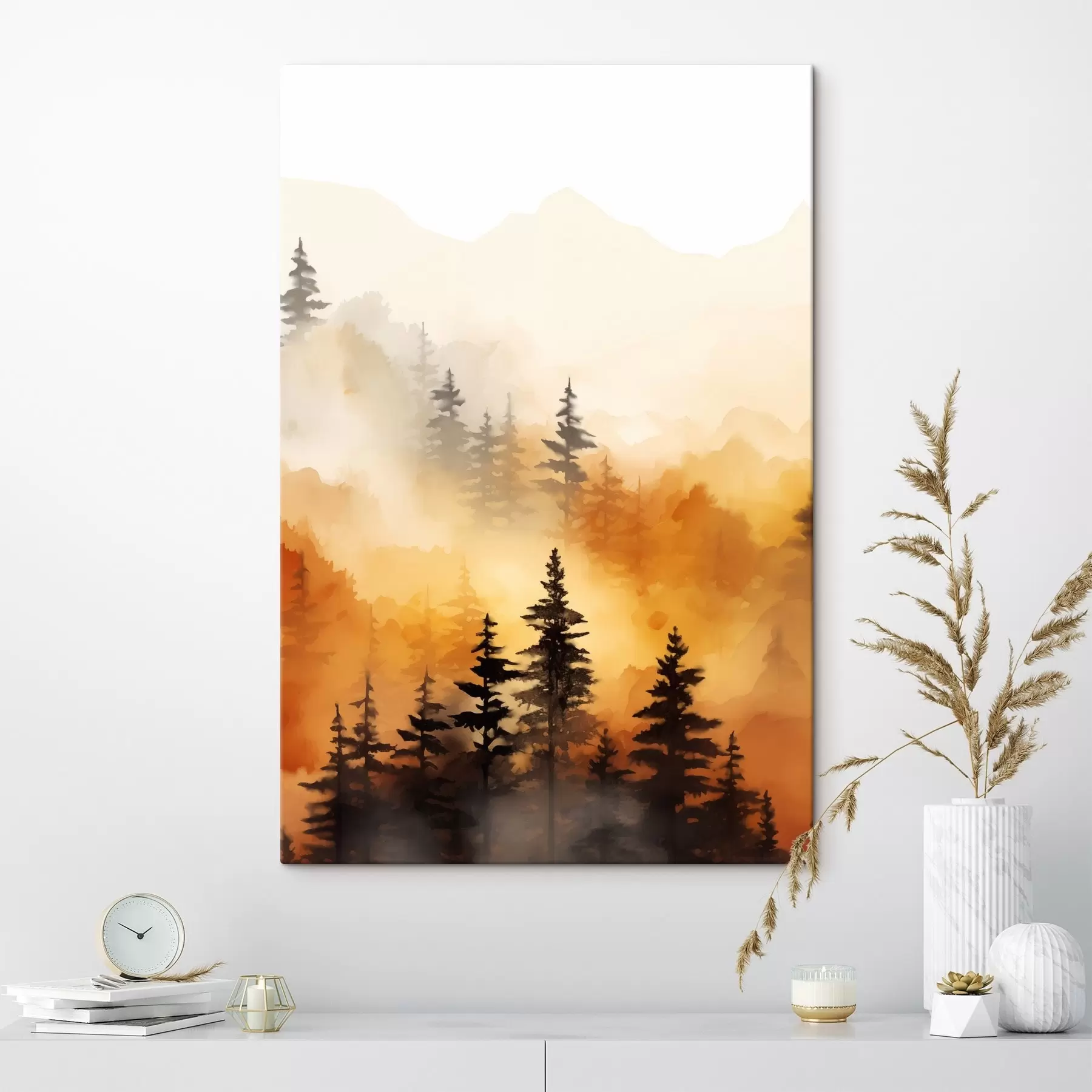 Wandbilder Eine Landschaft Aquarell Malerei Nachahmung eines Waldes mit hohen Kiefern und Berge im Hintergrund s45170