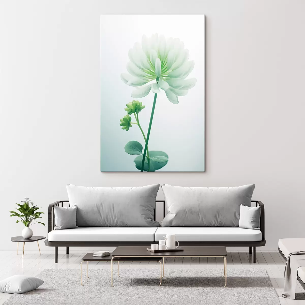 Wandbilder Weißer Klee Blume mit grünen Stiel und Blätter, weiche Beleuchtung, sauberen Hintergrund, minimalistische Komposition, botanische s45171