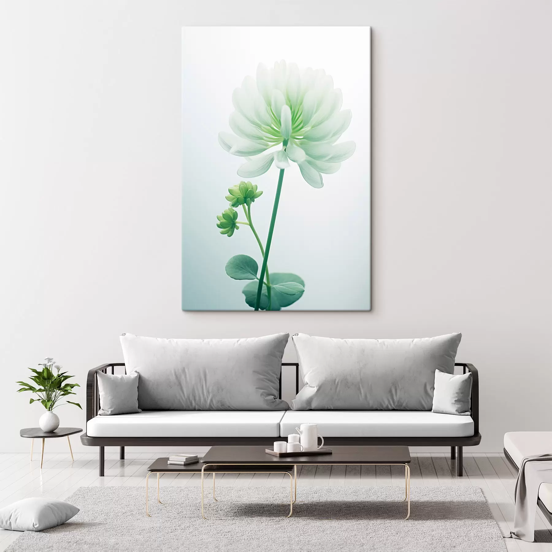 Wandbilder Weißer Klee Blume mit grünen Stiel und Blätter, weiche Beleuchtung, sauberen Hintergrund, minimalistische Komposition, botanische s45171