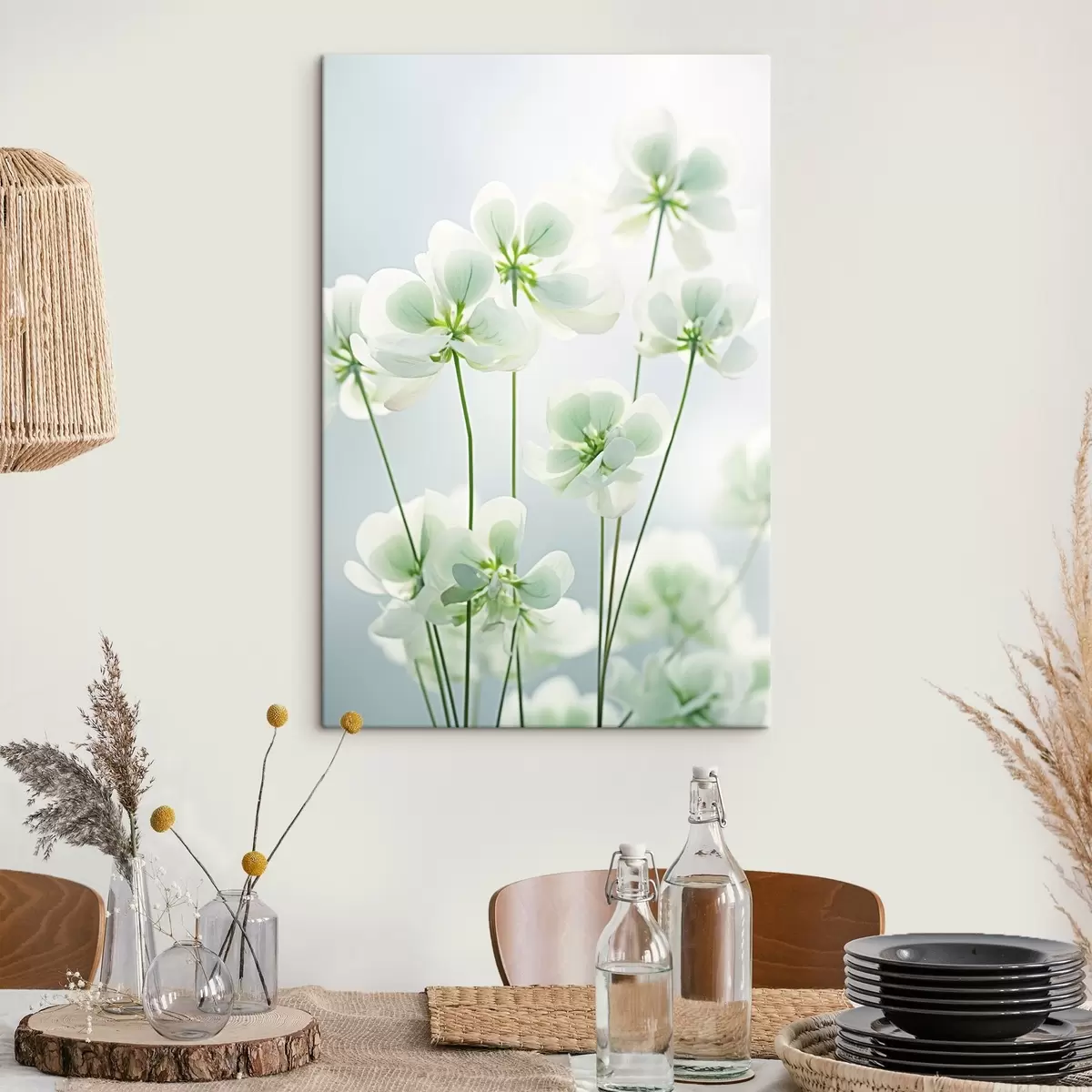 Wandbilder Weißer Klee Blumen mit grünen Stiel und Blätter, weiche Beleuchtung, sauberen Hintergrund, minimalistische Komposition, botanische s45172