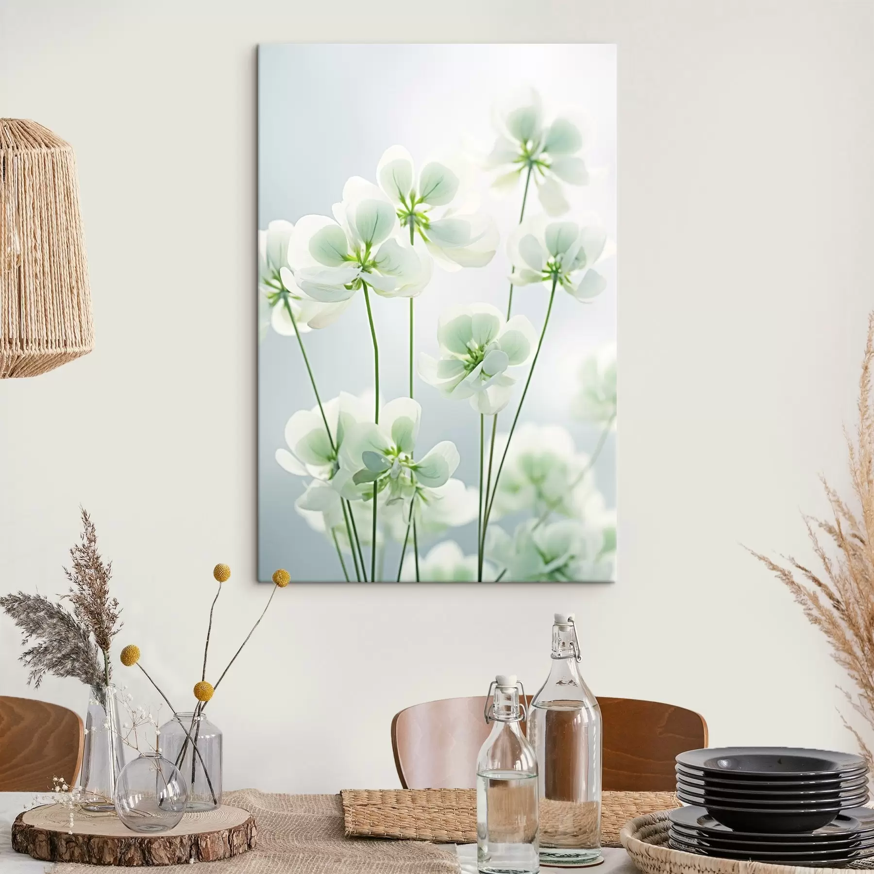 Wandbilder Weißer Klee Blumen mit grünen Stiel und Blätter, weiche Beleuchtung, sauberen Hintergrund, minimalistische Komposition, botanische s45172