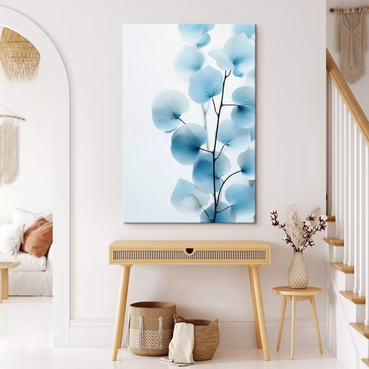 Wandbilder Zweig mit durchscheinenden blauen Blättern, zarte Adern sichtbar, leichte und ruhige Komposition, minimalistische Ästhetik s45176