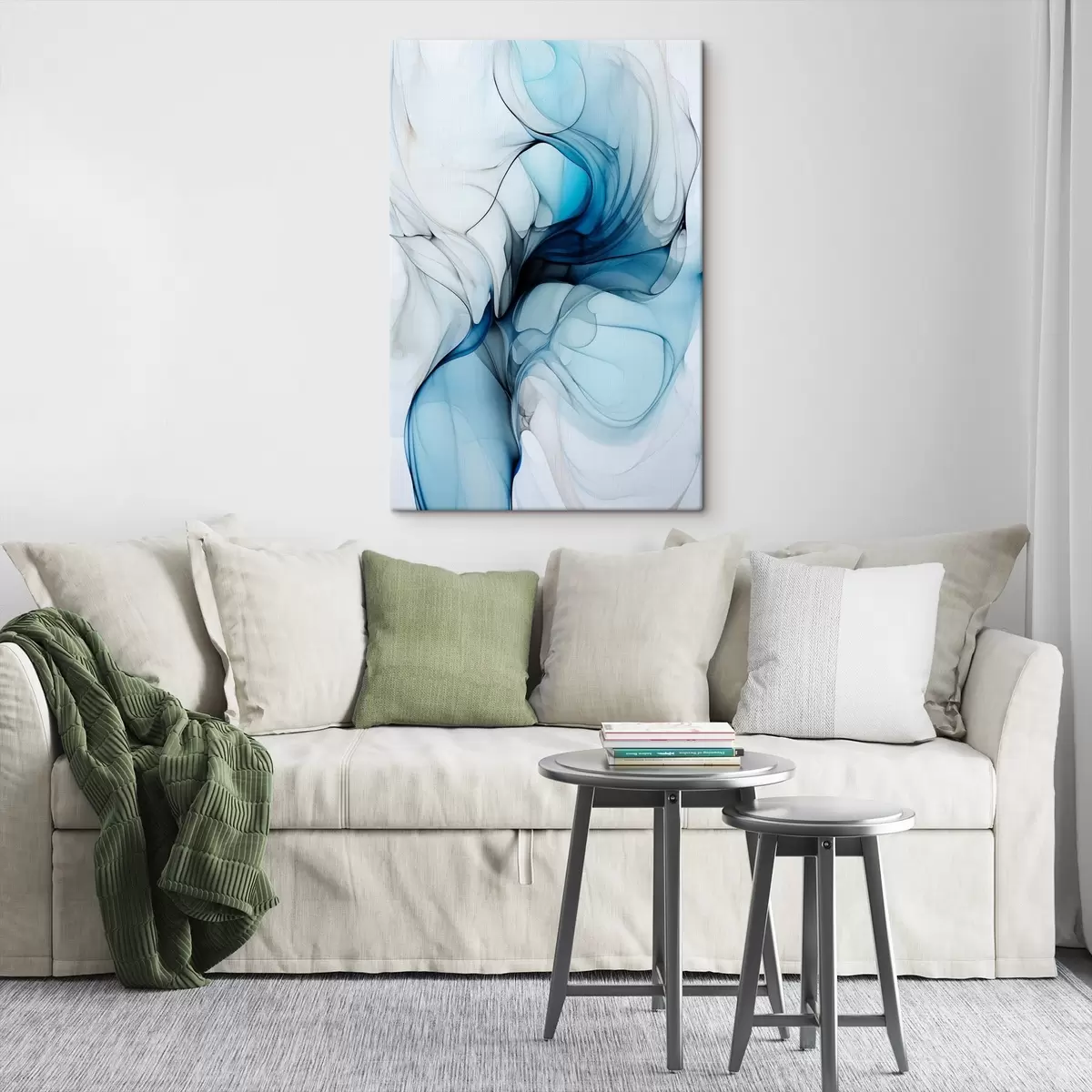 Wandbilder Abstrakte Komposition mit fließenden Linien und durchscheinenden Blütenblättern in blauen, weißen und beigen Farbtönen, Alkoholtintenimitation s45178