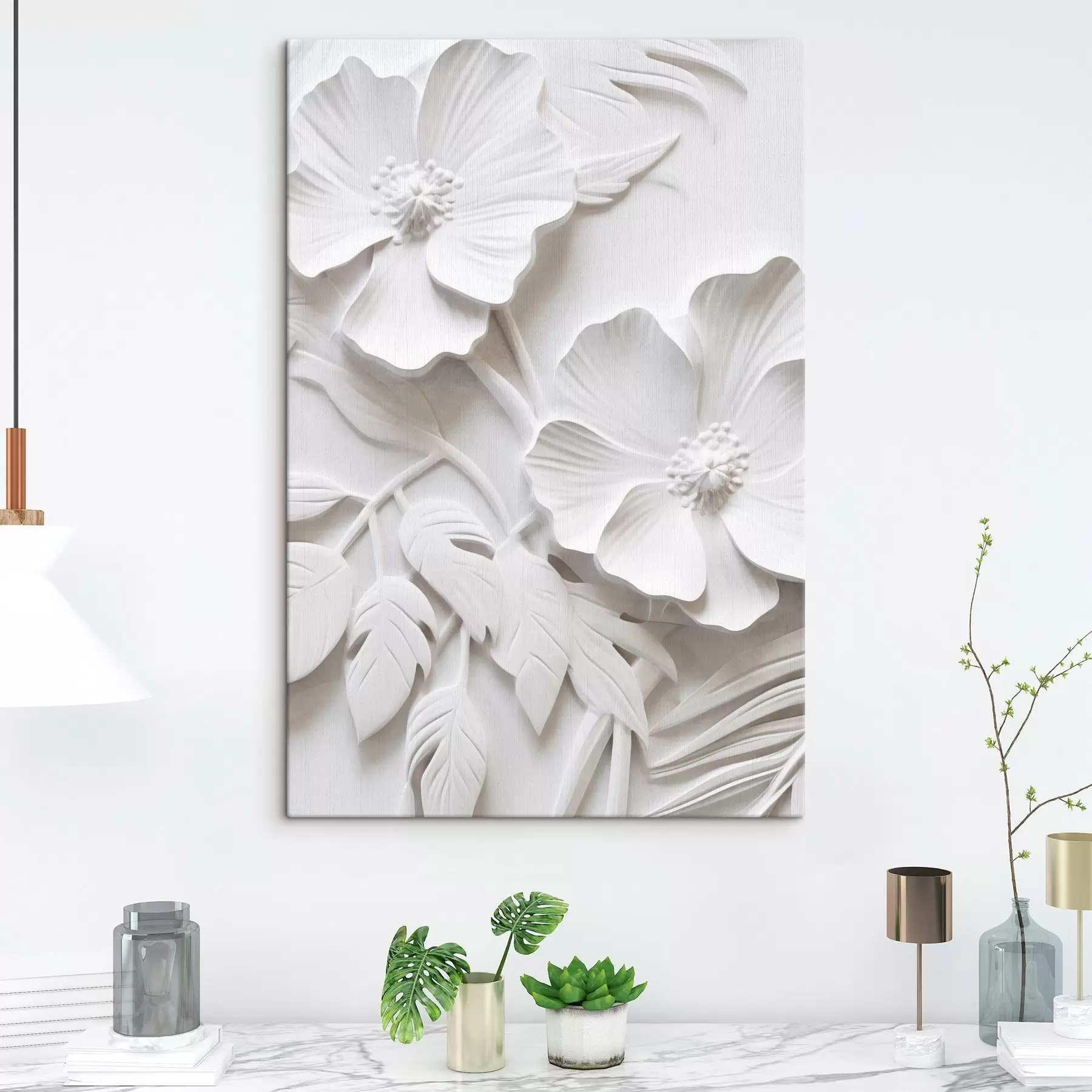 Wandbilder Dekorative minimalistische weiße Blumen mit Blättern, Relief-Imitation, weißer Hintergrund s45179