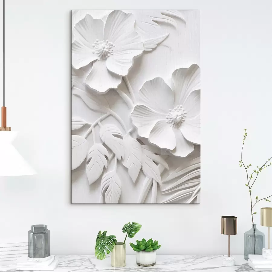 Wandbilder Dekorative minimalistische weiße Blumen mit Blättern, Relief-Imitation, weißer Hintergrund s45179