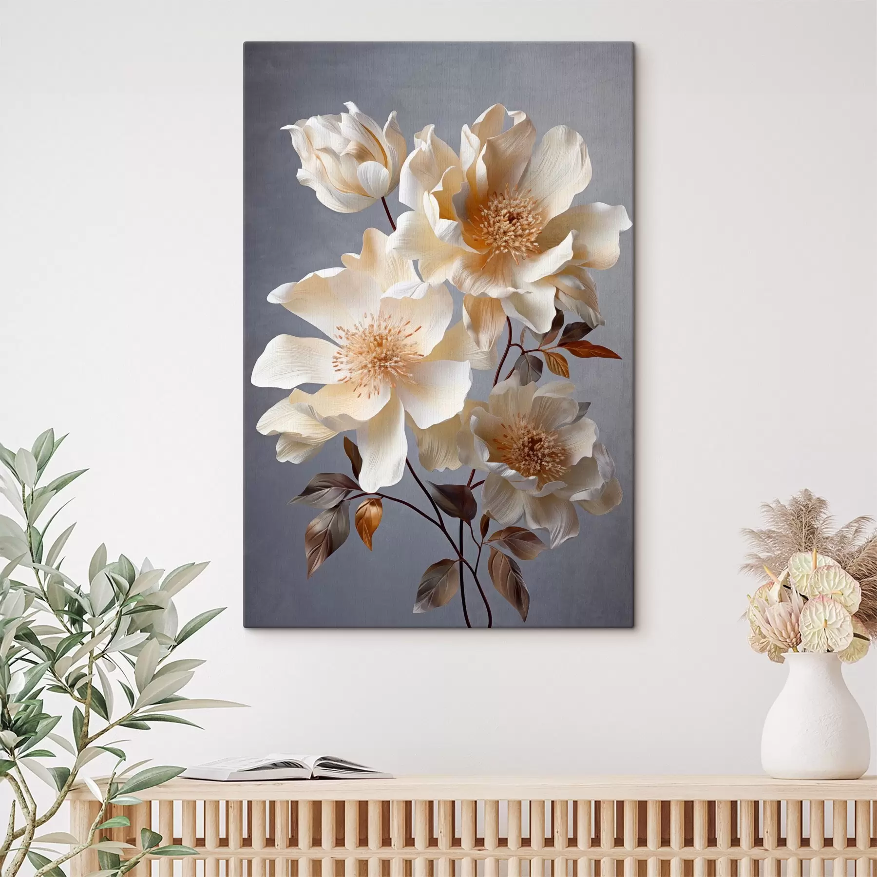 Wandbilder Texturierte Blumen mit orangefarbenen Blütenstempeln und orangefarbenen Blättern auf grauem Hintergrund, weiches Licht, elegant, detailliert, realistisch s45181