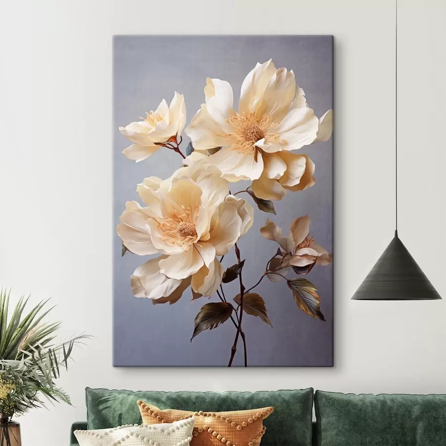 Wandbilder Texturierte Blumen mit orangefarbenen Blütenstempeln und orangefarbenen Blättern auf grauem Hintergrund, weiches Licht, elegant, detailliert, realistisch s45182