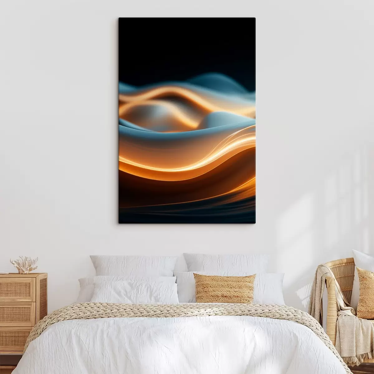 Wandbilder Abstrakte fließende Formen mit orangefarbenen Linien, glatte Kurven und Linien, dynamische Komposition, dunkler Hintergrund s45184