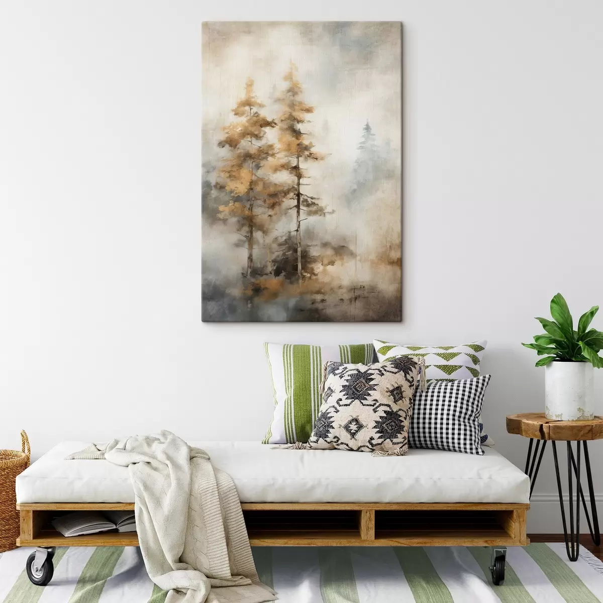 Wandbilder Texturierte hohe Bäume mit gelben Blättern in einem Wald, der Hintergrund ist eine Mischung aus weichen Blau- und Brauntönen s45188