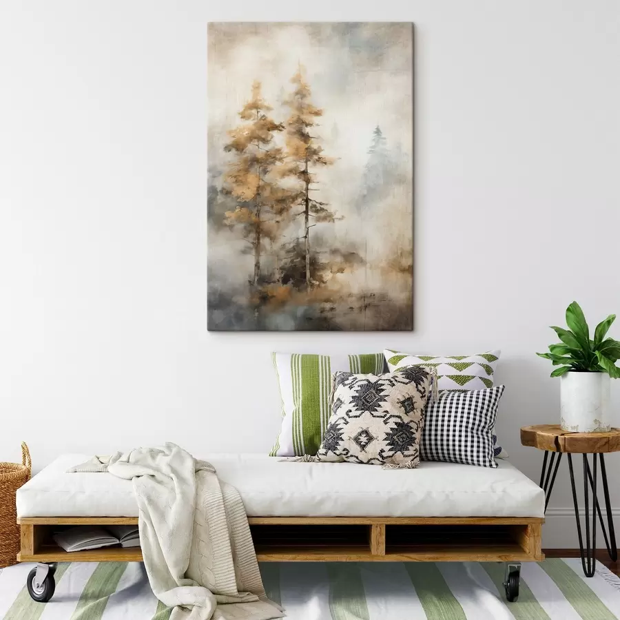 Wandbilder Texturierte hohe Bäume mit gelben Blättern in einem Wald, der Hintergrund ist eine Mischung aus weichen Blau- und Brauntönen s45188