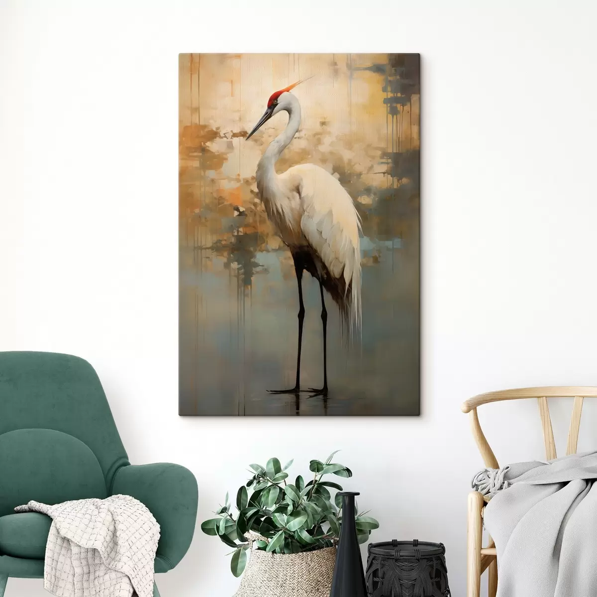 Wandbilder Weißer Reiher vor einem Hintergrund aus gedämpften Gelb-, Braun- und Blautönen, der an eine neblige, abstrakte Landschaft erinnert s45192