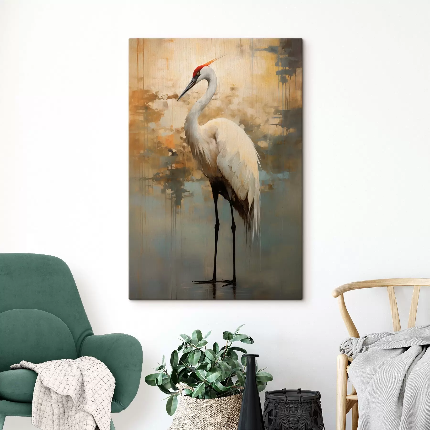 Wandbilder Weißer Reiher vor einem Hintergrund aus gedämpften Gelb-, Braun- und Blautönen, der an eine neblige, abstrakte Landschaft erinnert s45192
