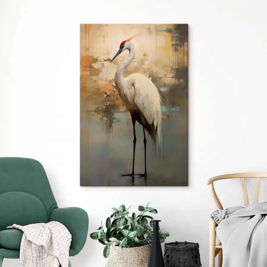 Wandbilder Weißer Reiher vor einem Hintergrund aus gedämpften Gelb-, Braun- und Blautönen, der an eine neblige, abstrakte Landschaft erinnert s45192