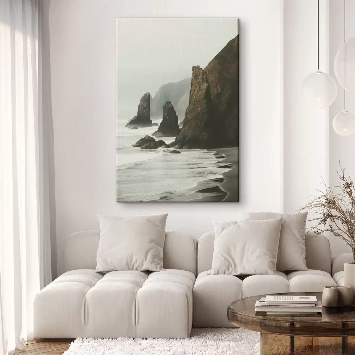 Wandbilder Felsige Klippen und Meeresküste, Wellen, die an das Ufer schlagen, Landschaft mit stimmungsvoller Atmosphäre, erdige Töne s45193