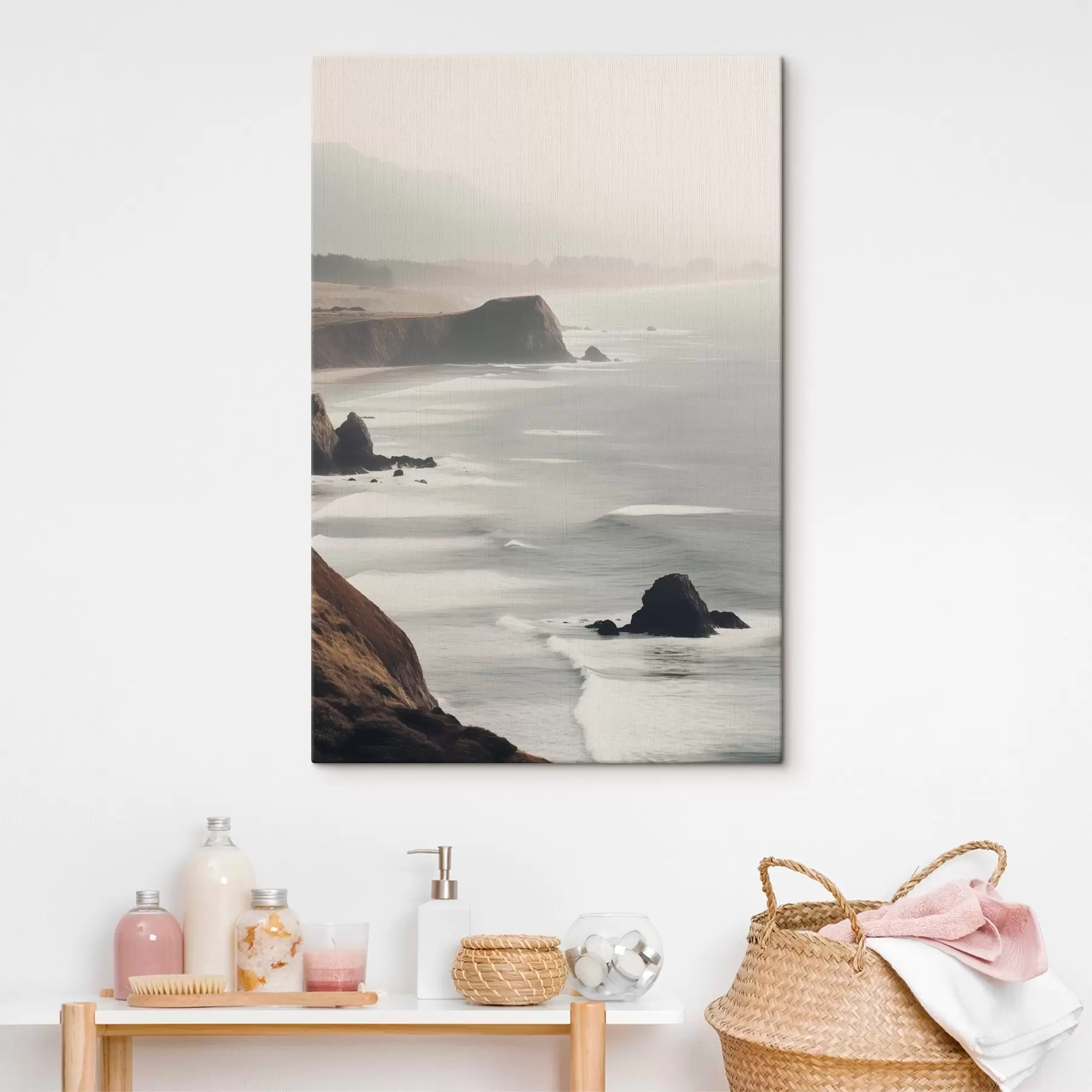 Wandbilder Felsige Klippen und Meeresküste, Wellen, die an das Ufer schlagen, Landschaft mit stimmungsvoller Atmosphäre, erdige Töne s45194