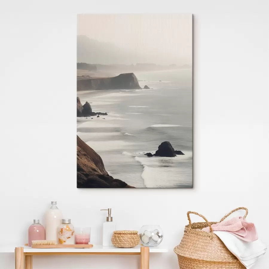 Wandbilder Felsige Klippen und Meeresküste, Wellen, die an das Ufer schlagen, Landschaft mit stimmungsvoller Atmosphäre, erdige Töne s45194