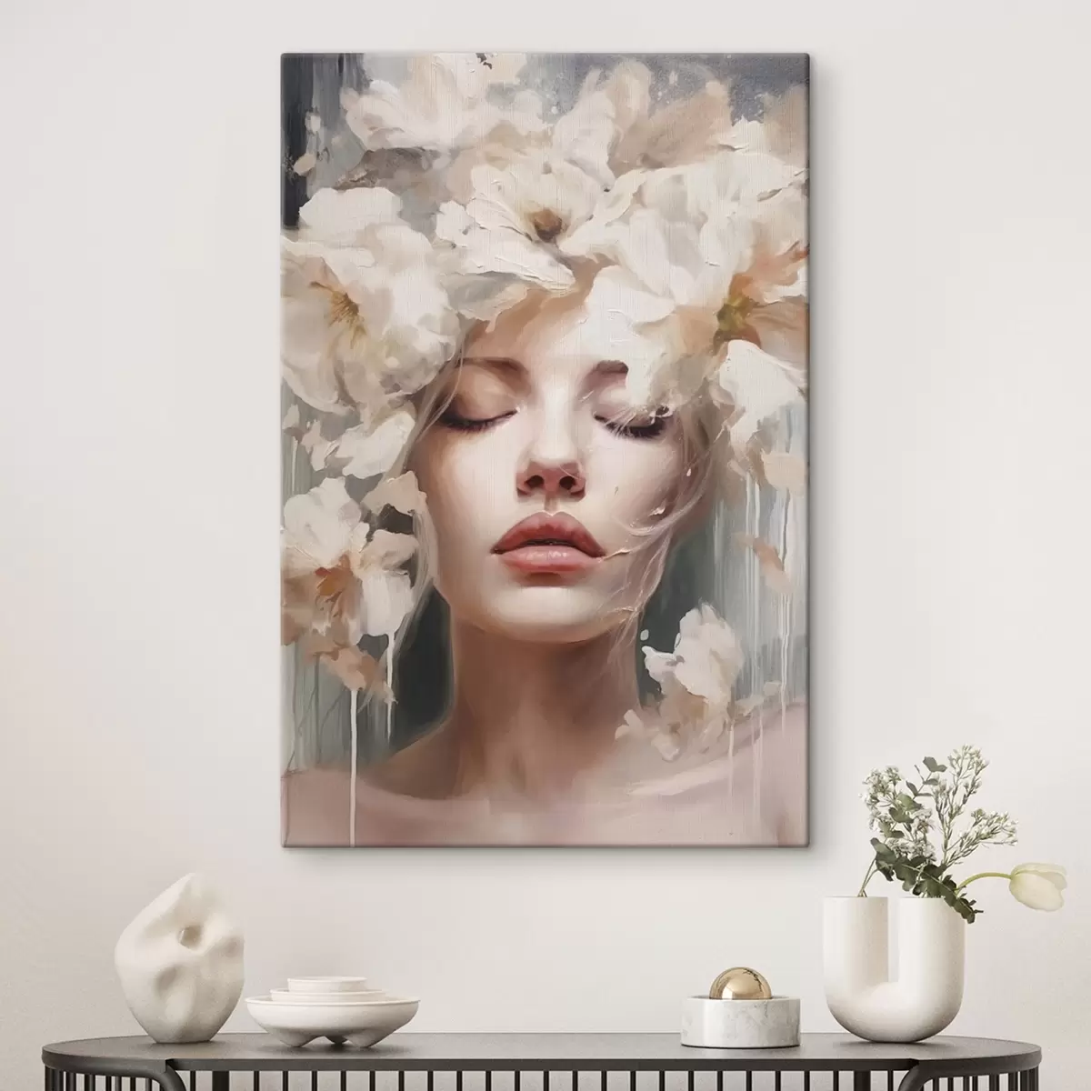 Wandbilder Weibliches Porträt mit weißen Blumen s45218