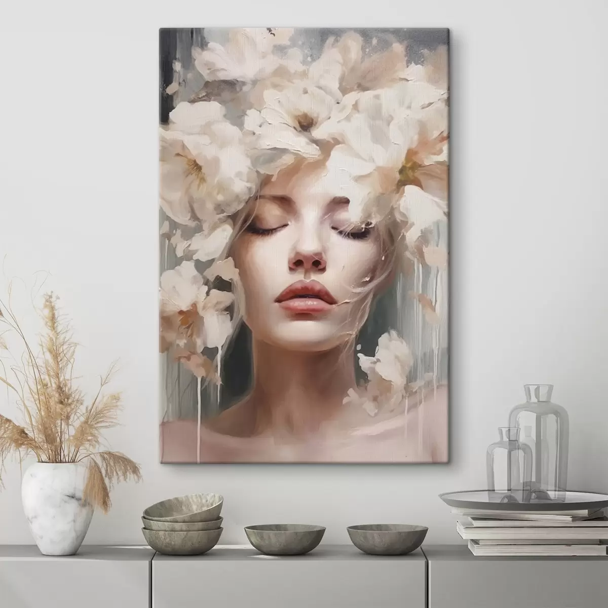 Wandbilder Weibliches Porträt mit weißen Blumen s45218