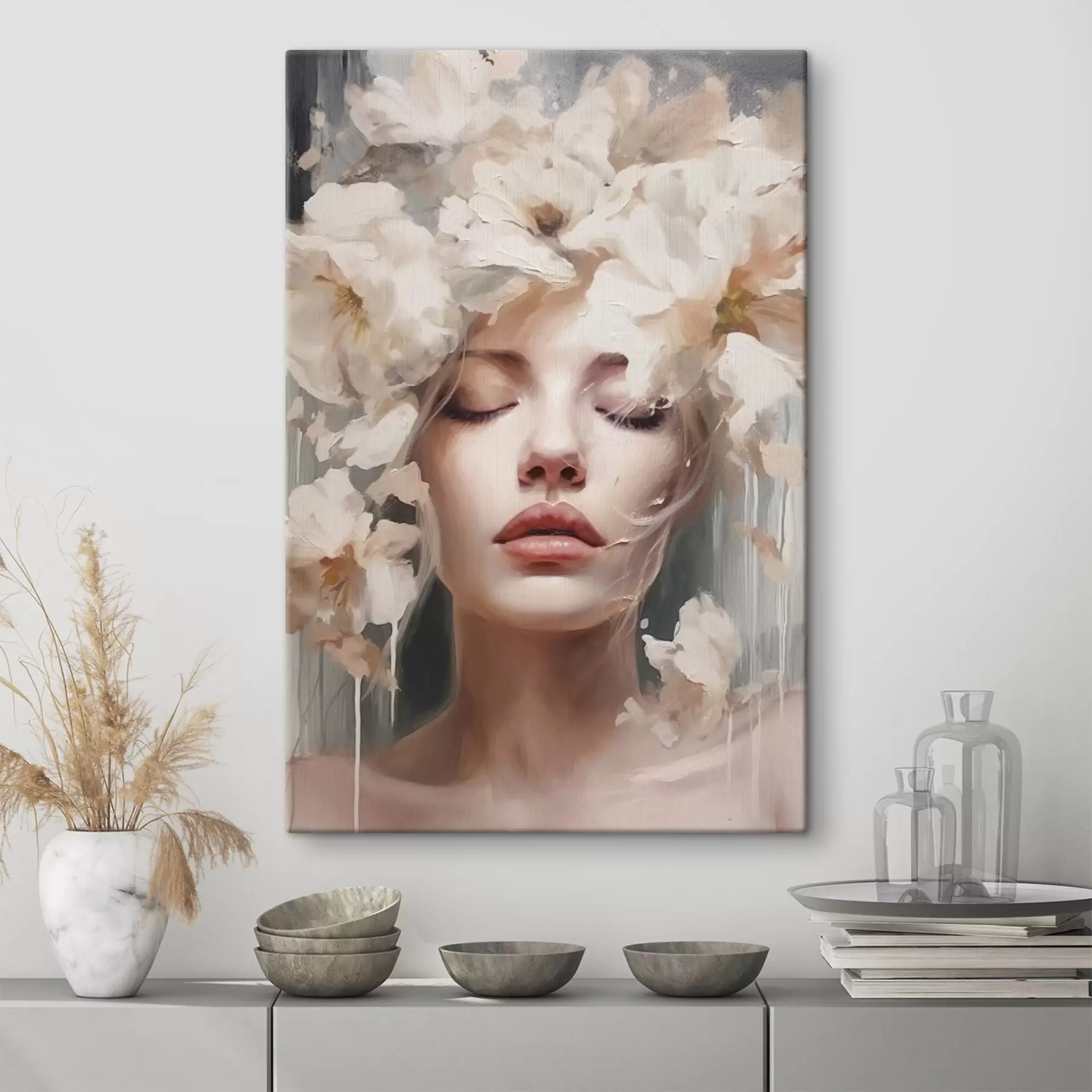 Fototapete Weibliches Porträt mit weißen Blumen s45218