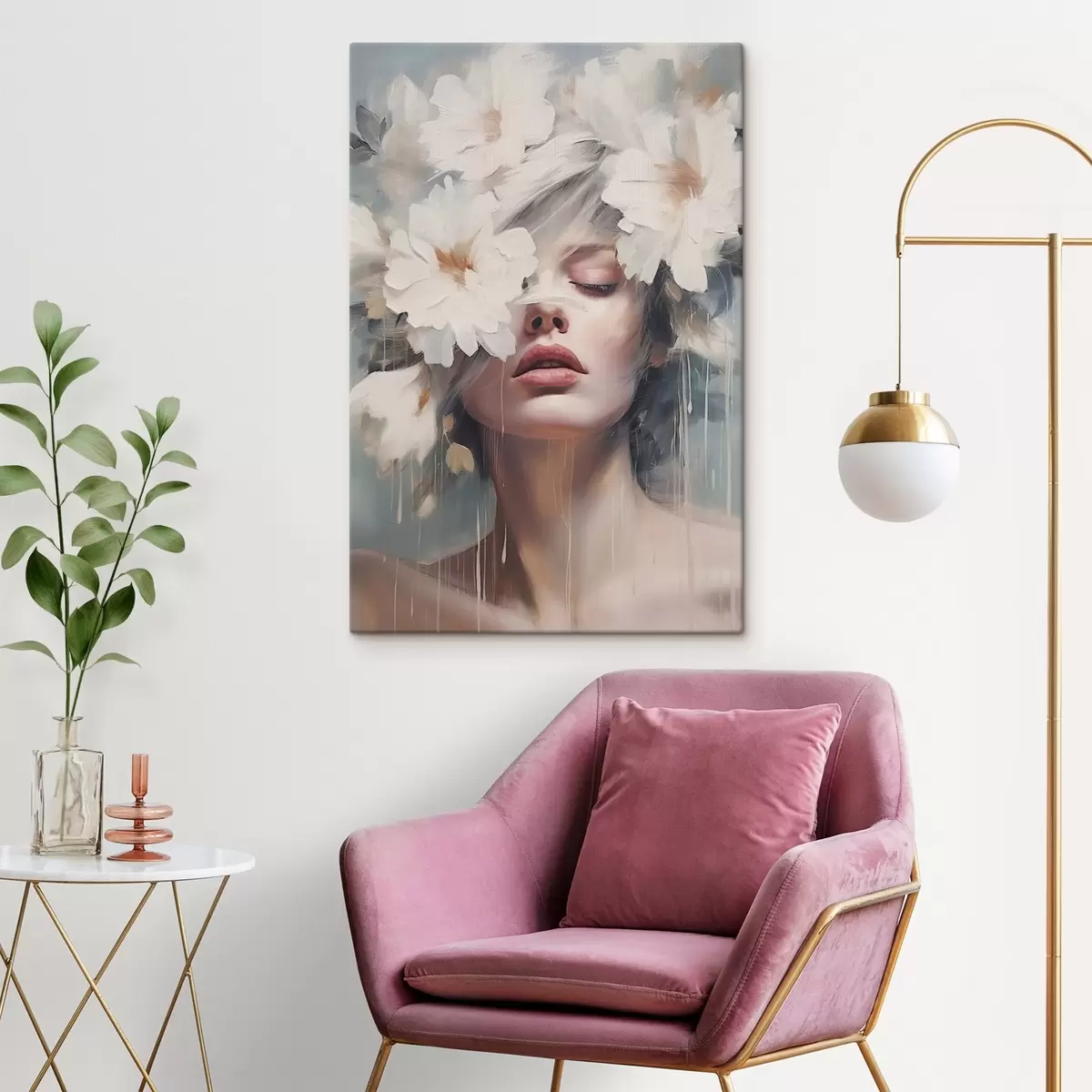 Wandbilder Weibliches Porträt mit weißen Blumen s45219