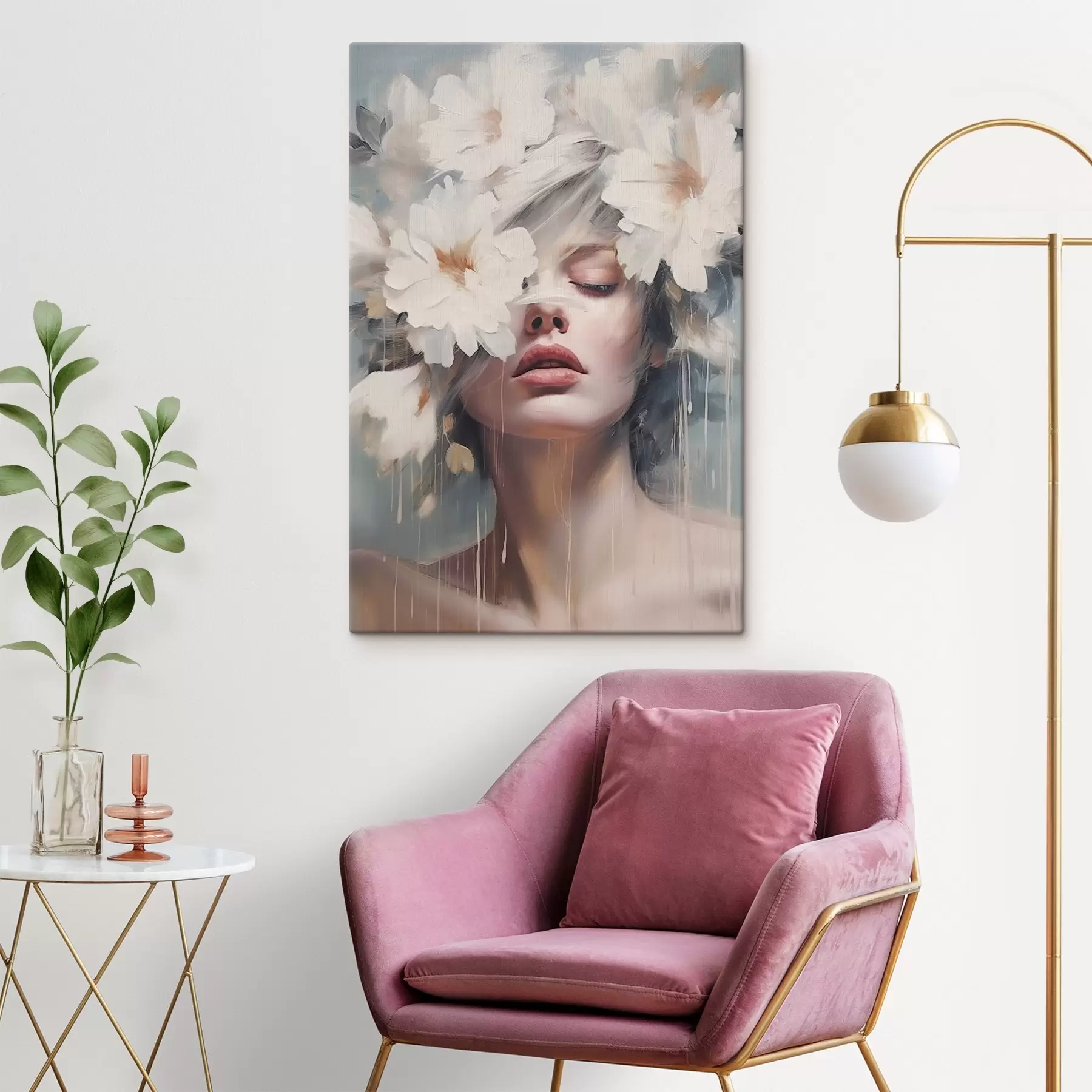 Wandbilder Weibliches Porträt mit weißen Blumen s45219