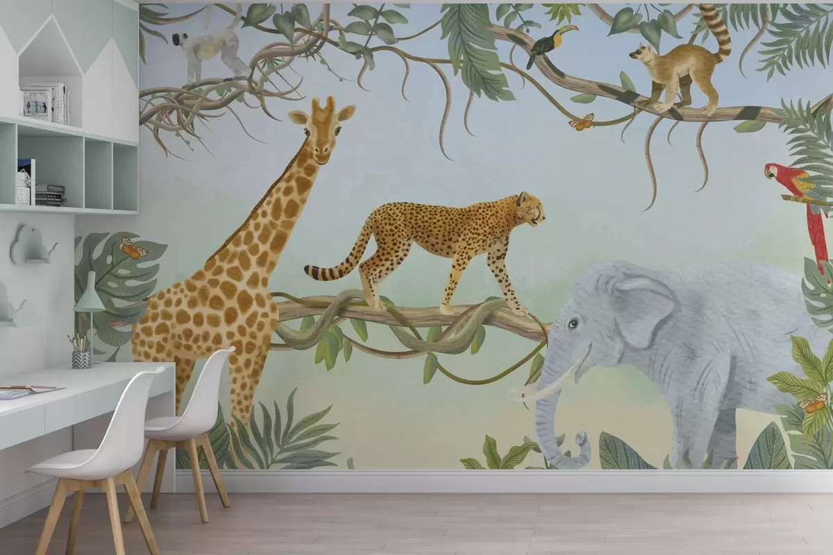 Fototapete Dschungel-Illustration mit Giraffe, Gepard und Elefant w04194