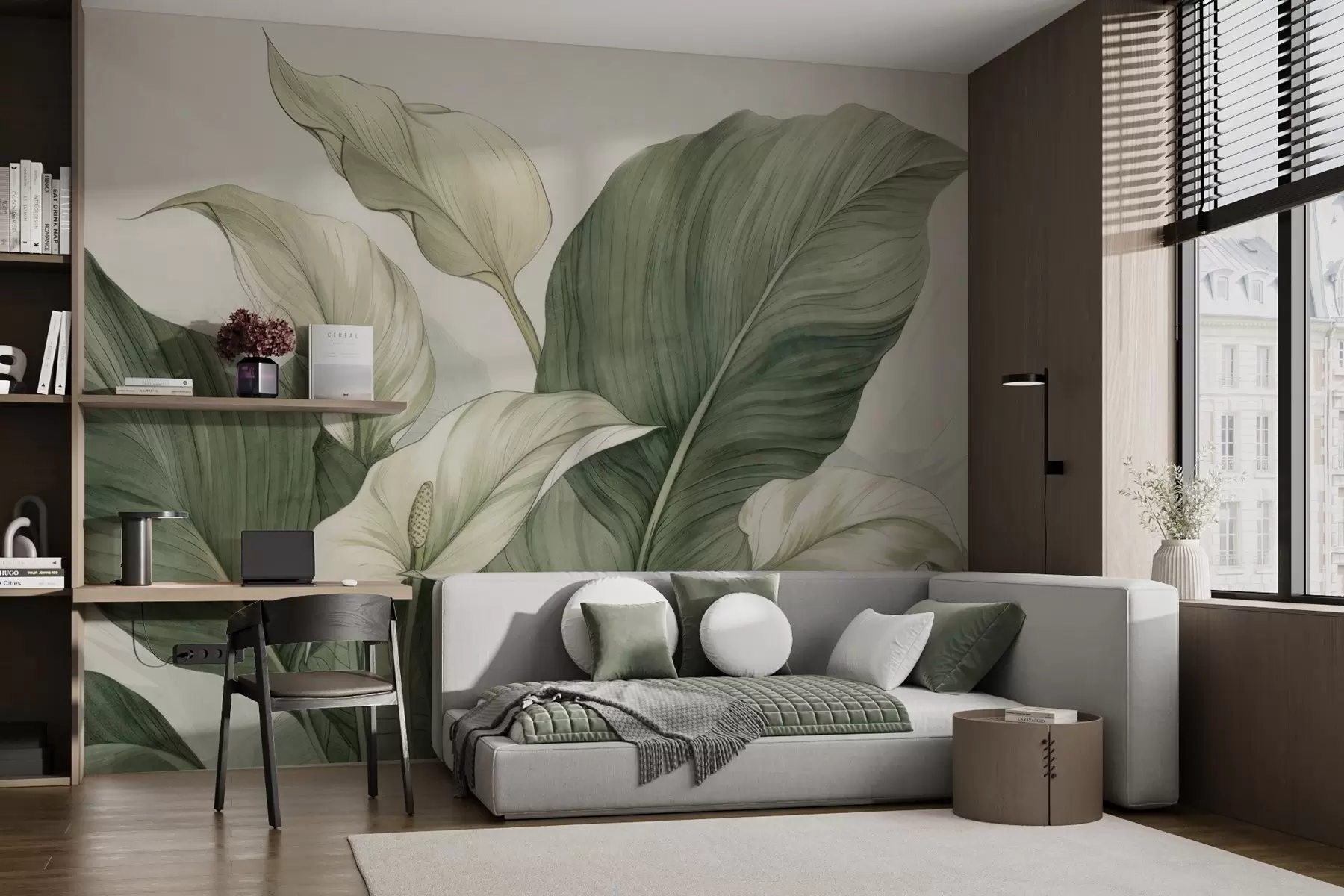 Fototapete Nahaufnahme einer blühenden Spathiphyllum mit großen Blättern w04263