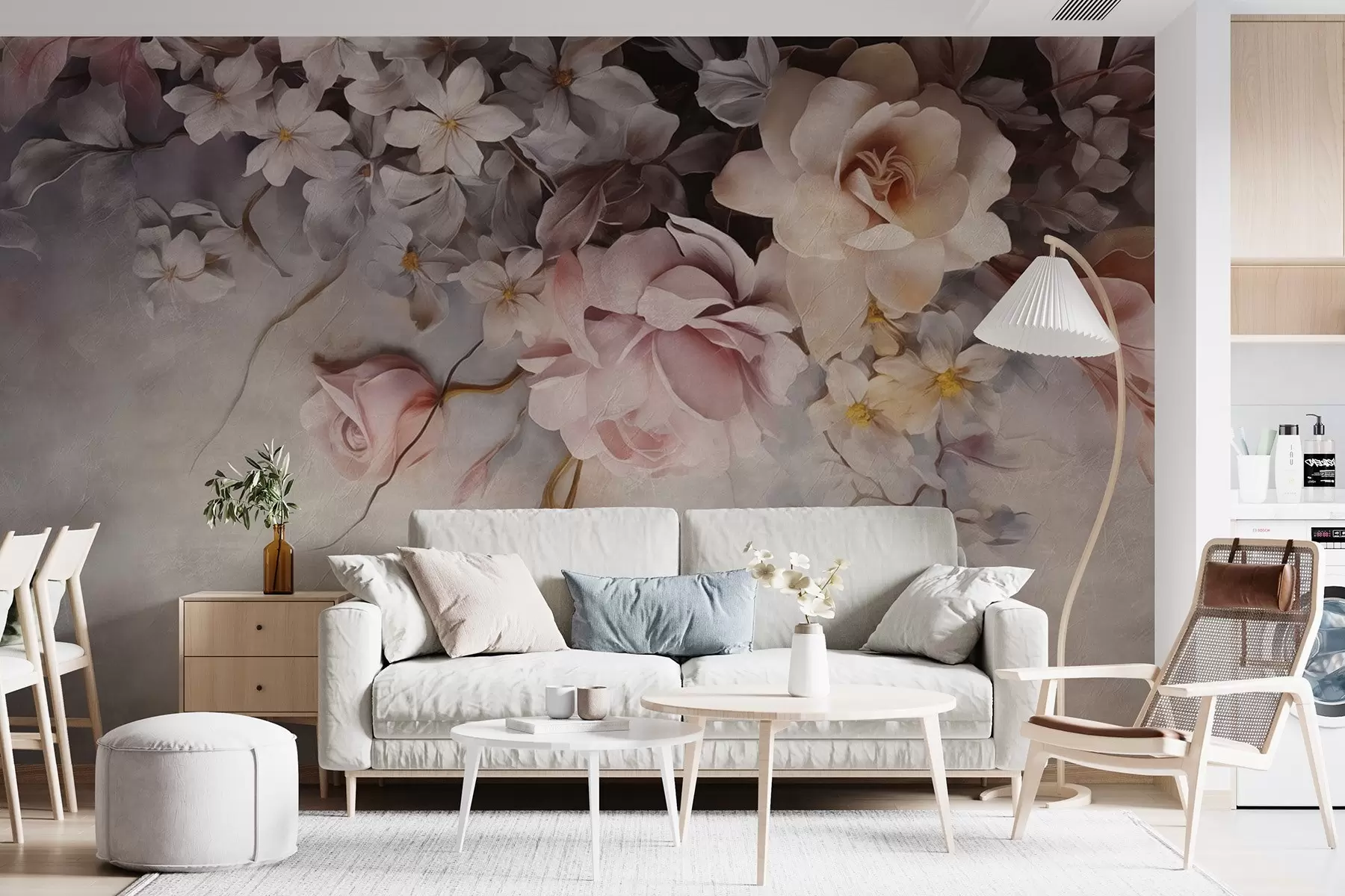 Fototapete Große, an der Wand hängende Blumen auf einem Betonhintergrund w09184