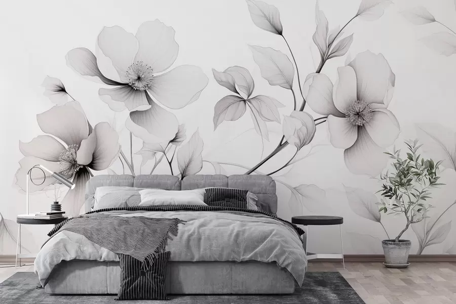 Fototapete Schwarze und weiße Blumen mit eleganten Linien auf einem grauen Hintergrund w09271