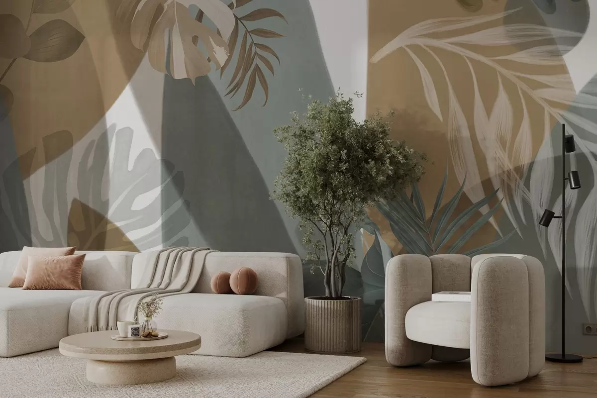 Fototapete Monstera Blätter und Palmenblätter in einem Muster mit braunen, weißen und grünen Farben, tropische Stimmung, abstrakte Formen, dekorativ w09288