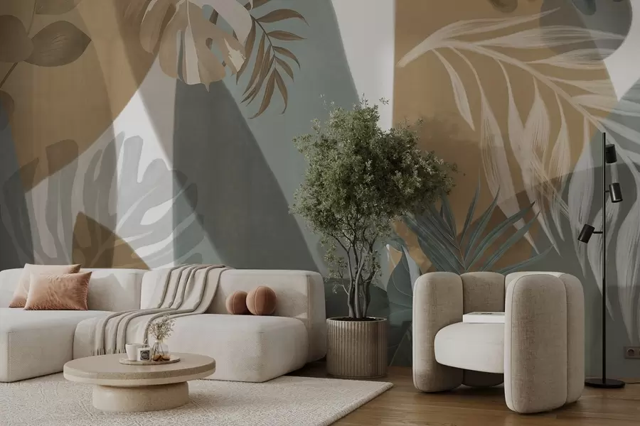 Fototapete Monstera Blätter und Palmenblätter in einem Muster mit braunen, weißen und grünen Farben, tropische Stimmung, abstrakte Formen, dekorativ w09288