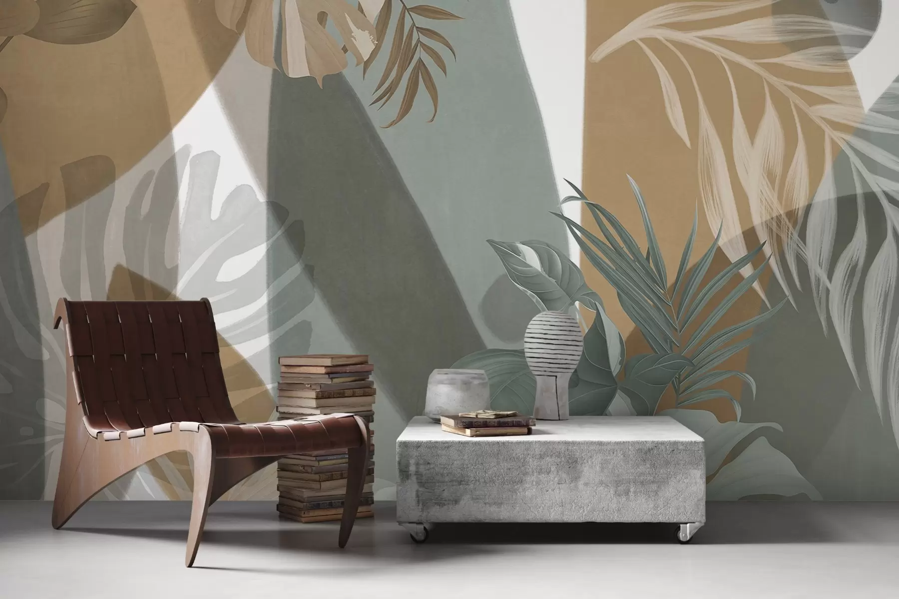 Fototapete Monstera Blätter und Palmenblätter in einem Muster mit braunen, weißen und grünen Farben, tropische Stimmung, abstrakte Formen, dekorativ w09288