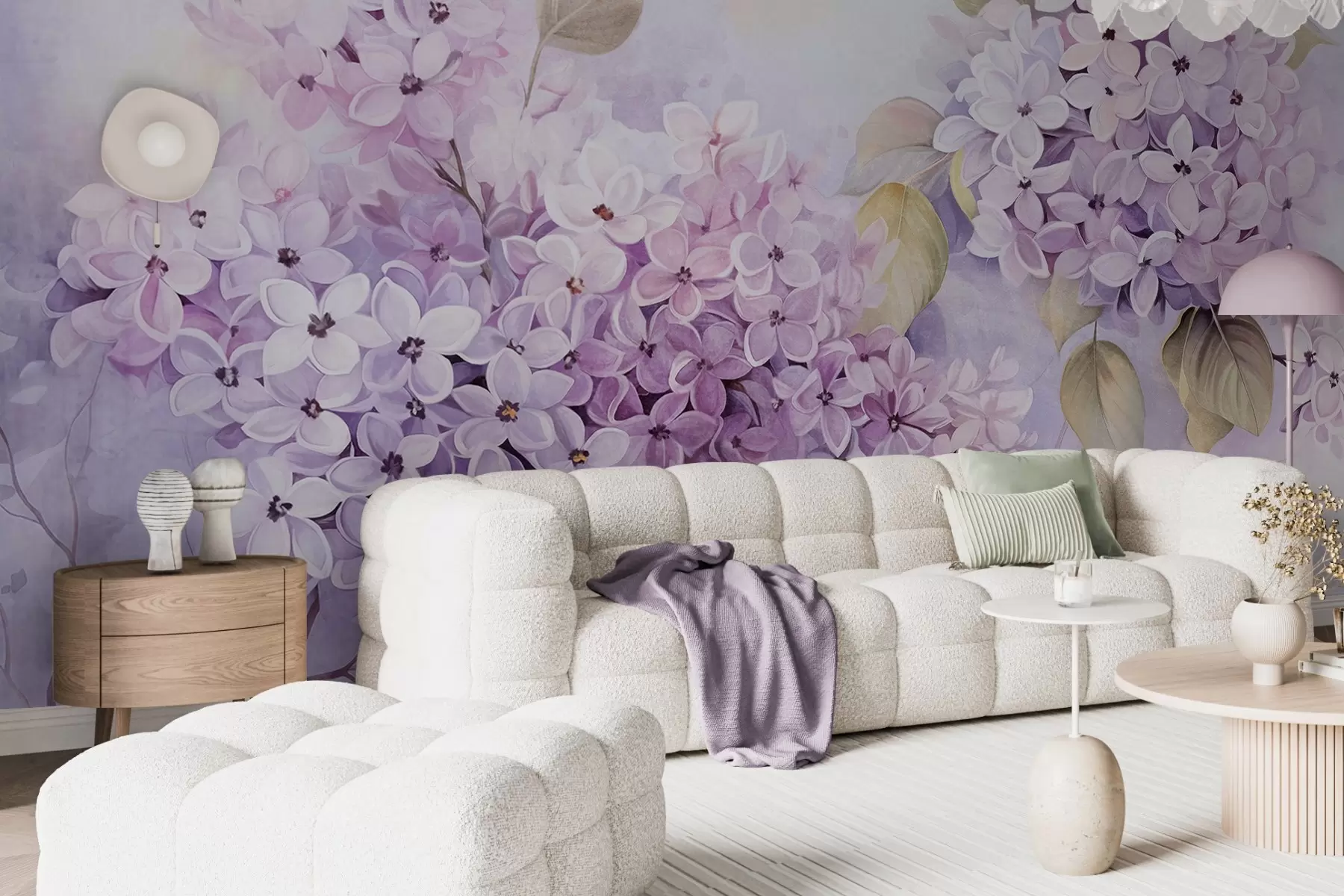 Fototapete Lila strukturierte Blumen mit hellvioletten Blütenblättern, hellgrüne Blätter, Aquarellstil, weiche, pastellige Farben, zarte Pinselstriche w09291