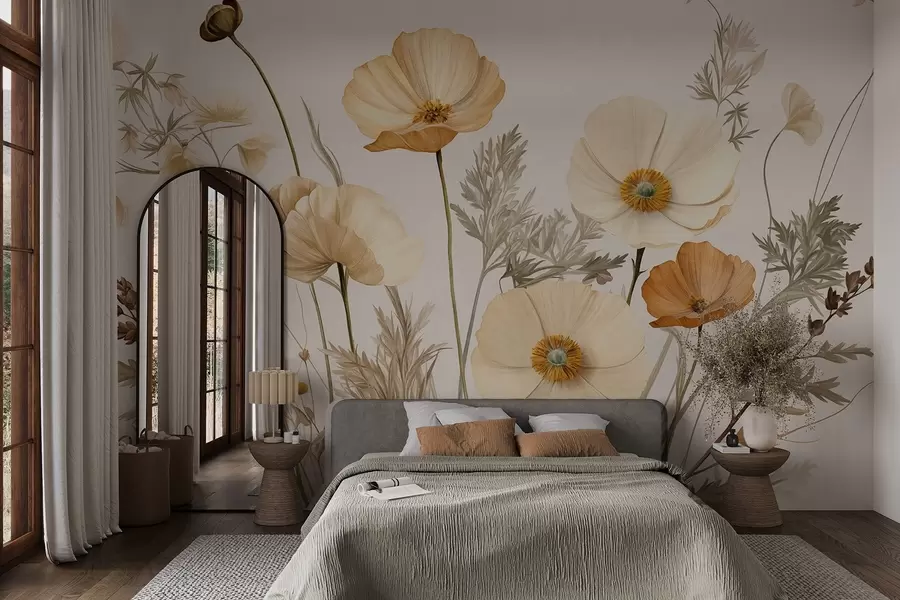 Fototapete Orange und weiße Vintage strukturierte Mohnblumen mit dünnen Stielen und Blättern, hellbeige Hintergrund, Aquarell-Stil w09293