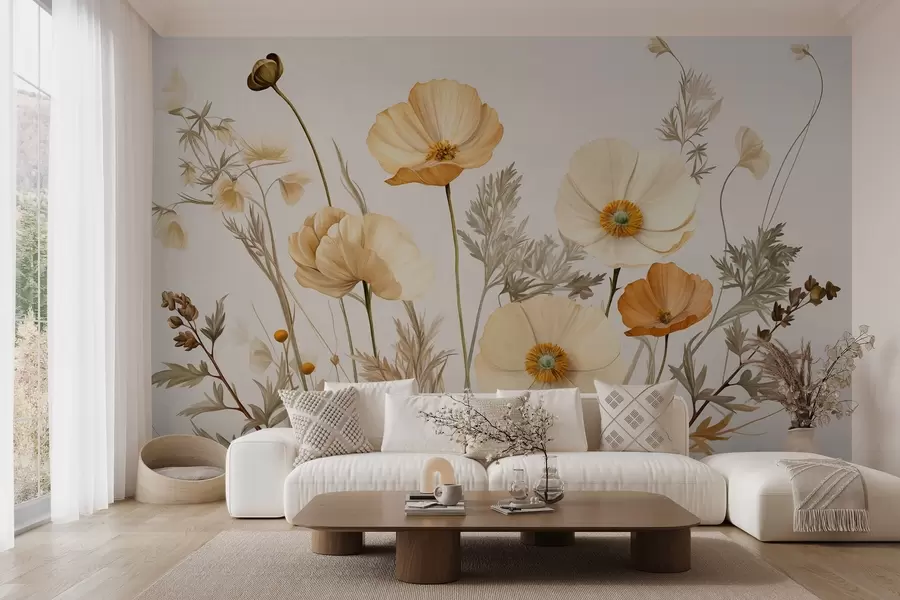 Fototapete Orange und weiße Vintage strukturierte Mohnblumen mit dünnen Stielen und Blättern, hellbeige Hintergrund, Aquarell-Stil w09293