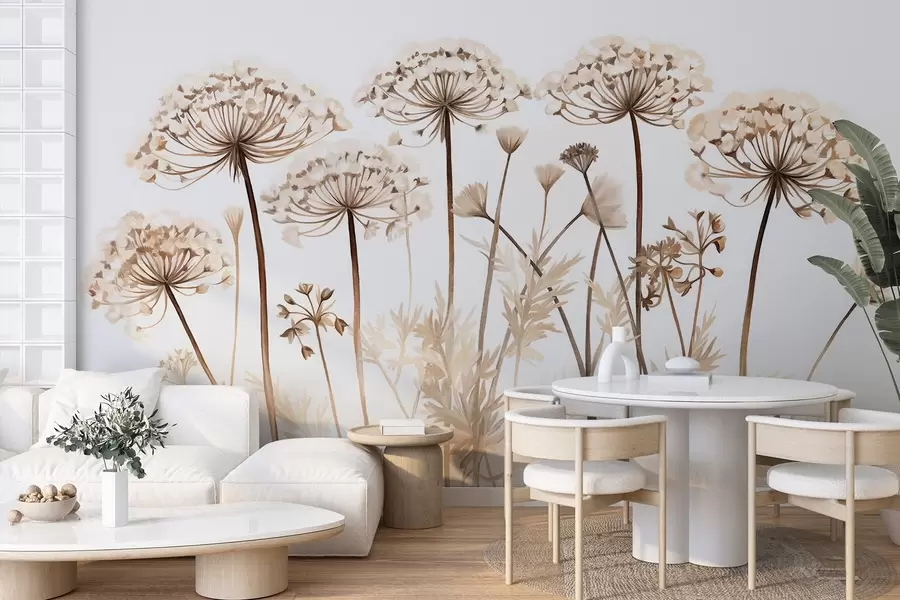 Fototapete Queen Anne's Lace Blumen in einem Feld, texturierte Malerei Nachahmung, braun, beige und weiß Farbpalette, botanische Illustration w09294