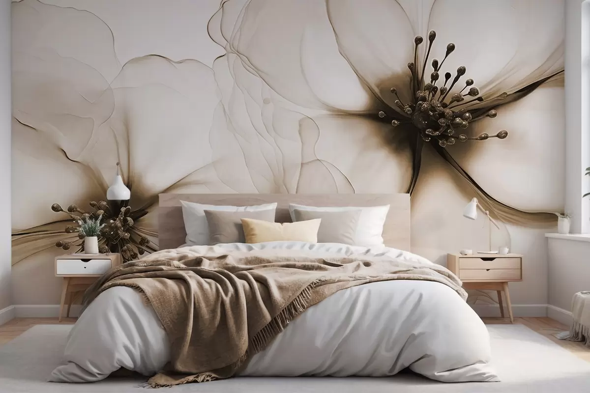 Fototapete Zwei durchscheinende, strukturierte braune Blüten mit sichtbaren Staubgefäßen, sich überlappenden zarten Blütenblättern und einer weich fließenden Textur w09295