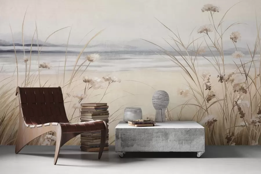 Fototapete Ein Weizenfeld mit weißen Blumen im Vordergrund, ein Strand und das Meer im Hintergrund, neutrale, gedämpfte Pastellfarben w09298