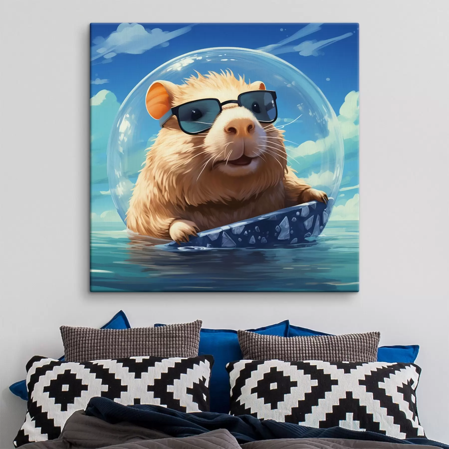 Fototapete Fröhliches Wasserschwein in einer durchsichtigen Blase auf dem Wasser s45029