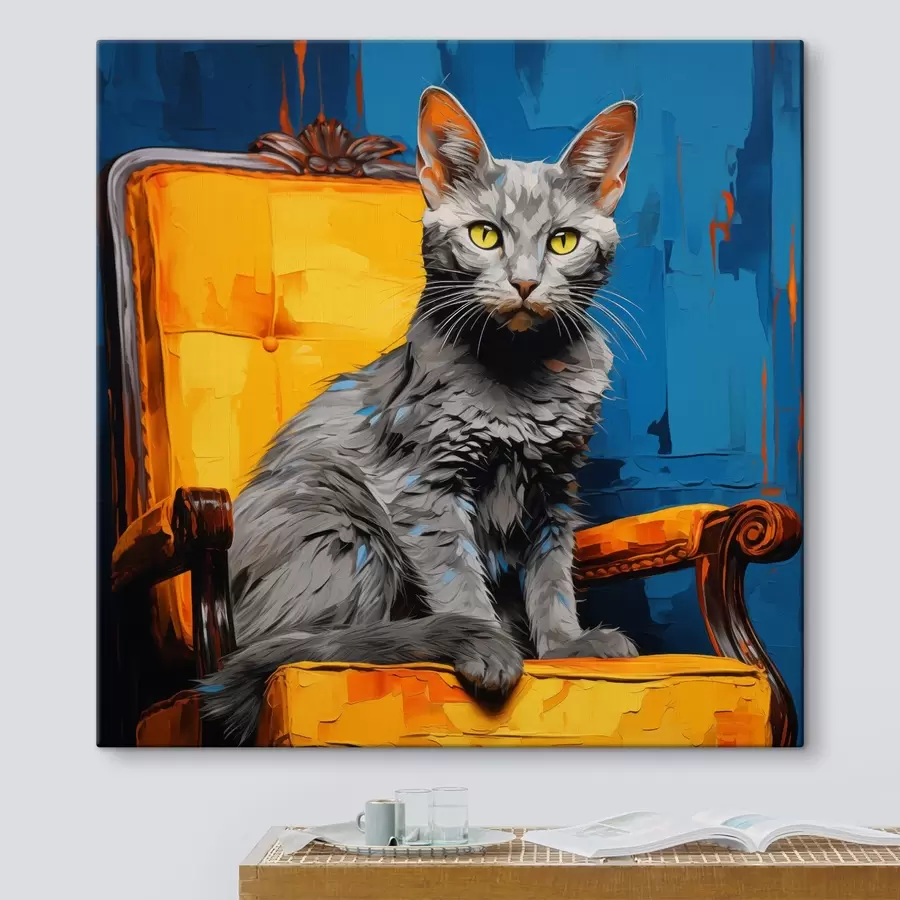 Wandbilder Künstlerische Katze Porträt auf einem blauen Hintergrund s45030
