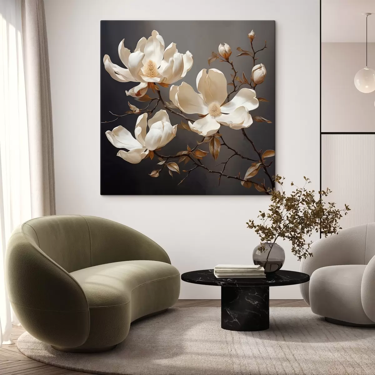 Wandbilder Weiße Magnolien auf dunklem Hintergrund im malerischen Stil s45038