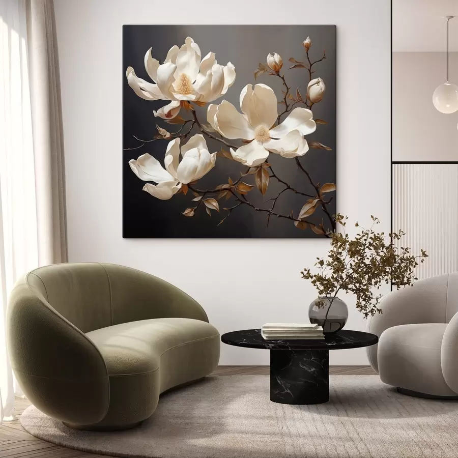 Wandbilder Weiße Magnolien auf dunklem Hintergrund im malerischen Stil s45038