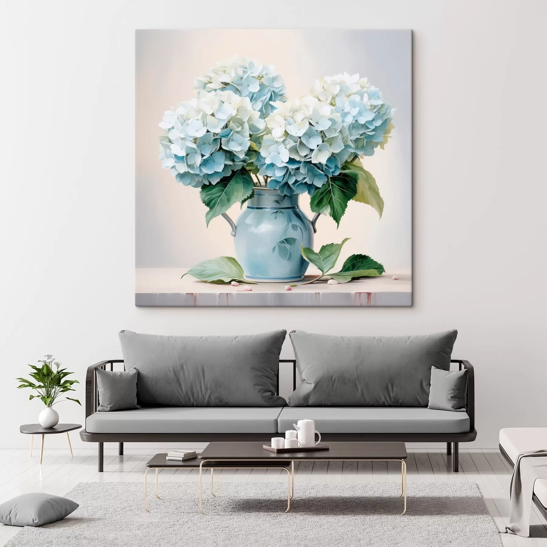 Wandbilder Frische Hortensien in einer blauen Vase auf hellem Hintergrund s45043